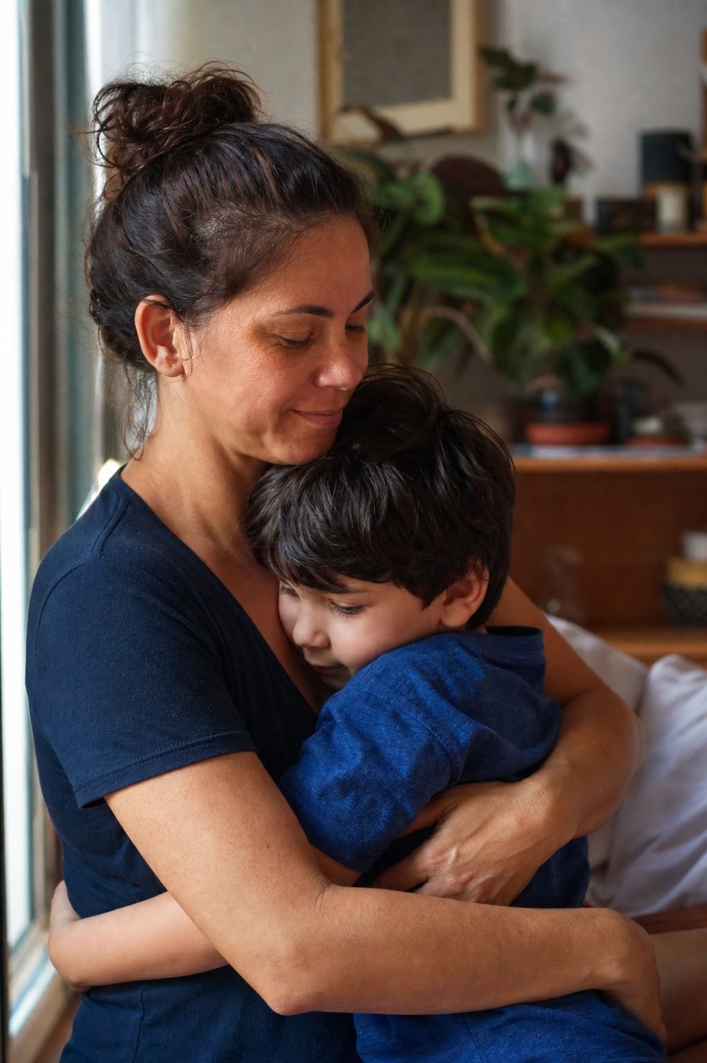 Mãe e filho em casa